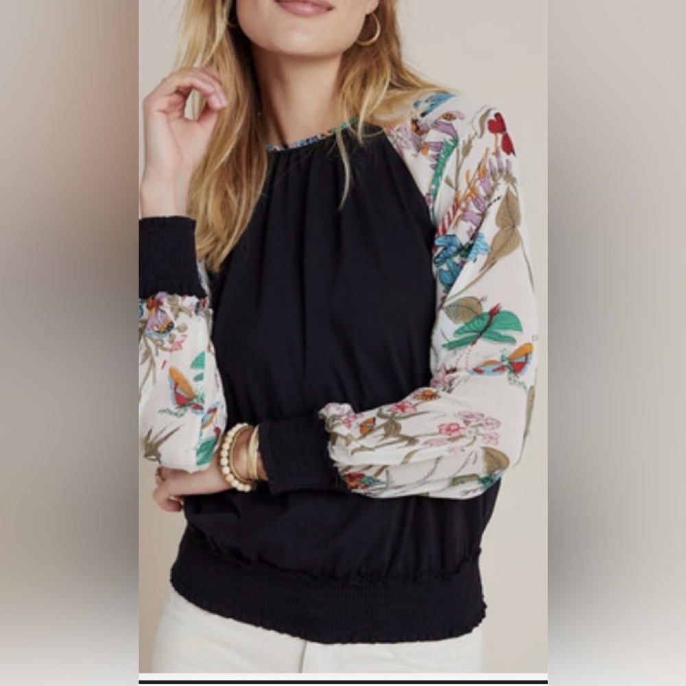 Black Pullover Top with Floral Print Sleeves
